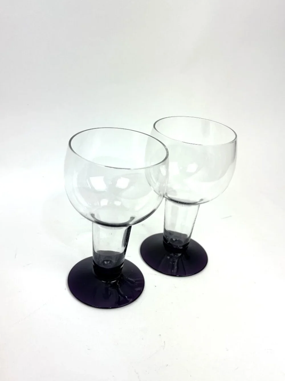Vintage Clear Glass Hollow Stem Goblets Amethyst Purple Base - Set of 2